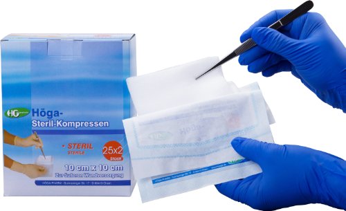 Höga-Steril-Kompressen,Mullkompressen aus Verbandmull   –  10 x 10 cm   –   25×2 Stück,  steril,  EN 14079-Typ 17