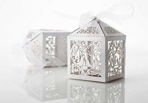 Homemums 60Pcs Heart Love Birds Party Wedding Bridal Shower Decoration Favor Candy Boxes with Ribbons (White)
