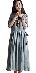 Scoop Neck Vintage Pleated Elbow Length Sleeves Linen Jumper 