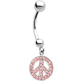 14k White Gold Pink Cz Peace Sign Belly Ring
