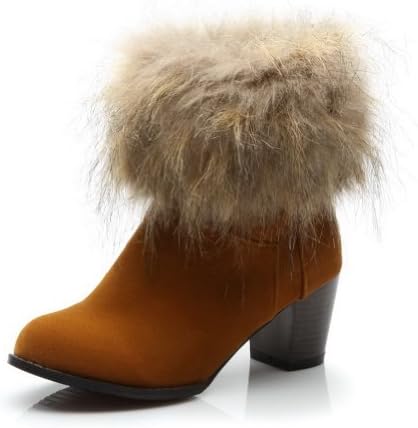 QueenFashion Women's Close Round Toe Platform Fur Ornament Chunky Heels PU and Frosting Ankle High Boots,Yellow,46