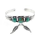 Sterling Silver Genuine Turquoise Cuff Bracelet with Dangling Feathers