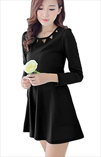 (フムフム) fumu fumu 2016 夏 レディース ブラック ワンピース 長袖 ( トライアングルカット 襟 ) 黒 S M L XL XXL