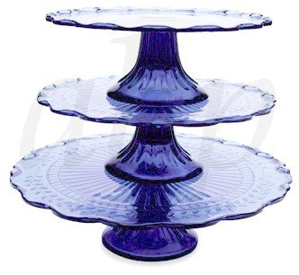 3 TIER GLASS CAKE STAND BLUE Cupcakes Muffins Cookies Stacked or as Separates Gift Box NIB
