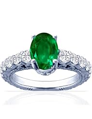 14K White Gold Oval Cut Emerald Ring With Sidestones