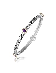 18K Yellow Gold and Sterling Silver Bangle with Milgrained Amethyst Stations