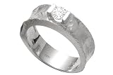 14K White Gold Hand-Crafted Matte-Finish Band, Enhanced with a Tension Set Solitaire Diamond.