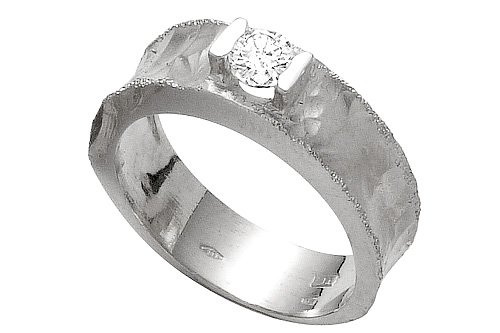 14K White Gold Hand-Crafted Matte-Finish Band, Enhanced with a Tension Set Solitaire Diamond.