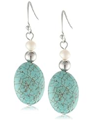 Sterling Silver Turquoise Oval Bead and White Freshwater Cultured Pearl Drop Earrings