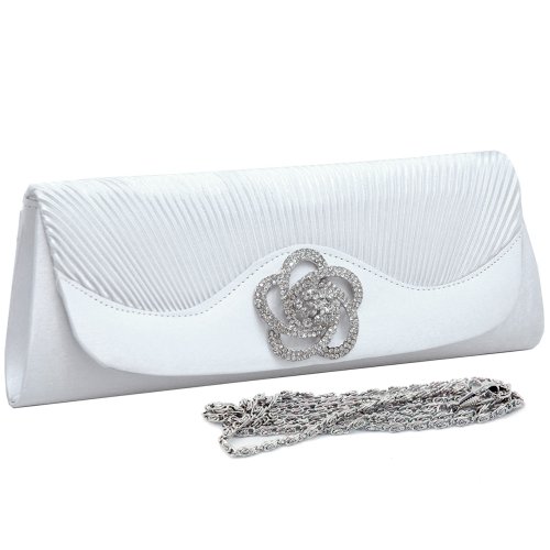 Pleated Flap Over Front Clutch Evening Purse With Rhinestone Ornoment Satin White