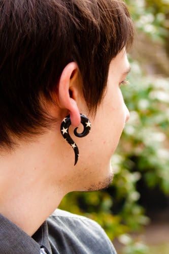 Black Horn Gauges with White Stars Handmade Hanging Spirals 0ga