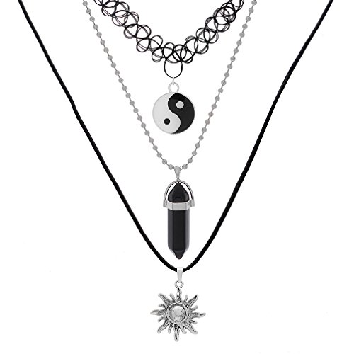 MJARTORIA 90s Multilayer Gothic Punk Elastic Henna Tattoo Stretch Choker PU Leather Quartz Necklace Set