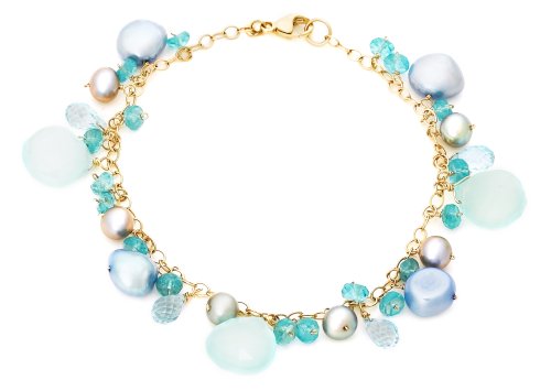 14k Yellow Gold Apatite, Silver Freshwater Pearl, Blue Topaz and Chalcedony Bracelet