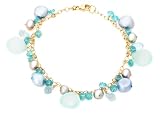 14k Yellow Gold Apatite, Silver Freshwater Pearl, Blue Topaz and Chalcedony Bracelet