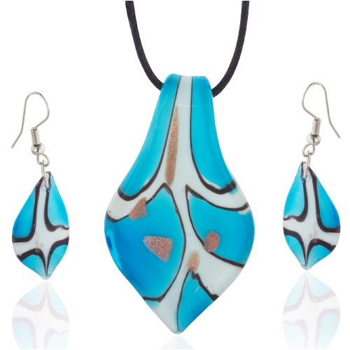 Bright Blue And White Teardrop Murano Glass Earrings Set
