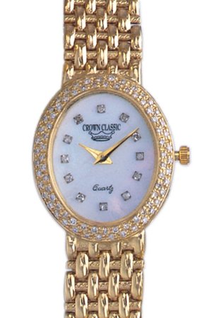 Geneve Watches, Women's Mother of Pearl oval shaped solid 14K Yellow Gold with 60 pts. diamonds on the Dial & Bezel, Womens Watches, Womens Geneve Watches