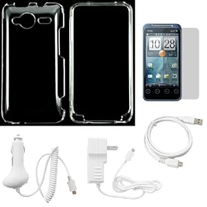 Protective Two Piece Transparent Crystal Clear Hard Case Cover for Sprint HTC EVO Shift 4G Wireless Mobile Phone + Clear Screen Protector + White Rapid Travel Wall Charger with IC Chip + White Rapid Car Charger with IC Chip + Micro USB Data Cable Cord