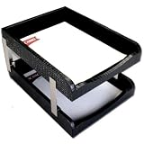 Black Crocodile Embossed Leather Double Letter Tray Set w/Silver Posts