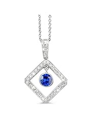 Diagonal Square And Circle Diamond Pendant In 18K White Gold With A 0.65 ct. Genuine Blue Sapphire Center Stone.
