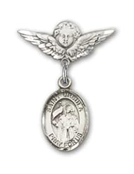 Sterling Silver Baby Badge with St. Ursula Charm and Angel with Wings Badge Pin