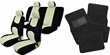 Universal Full Set of Car Seat Covers and Black Floor Mats - Black and Beige Uaa002