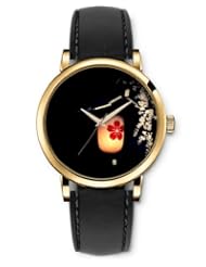 SPRAWL Aanalog Fashion Series Gold Ladies Watches of Genuine Black Leather Strap,Unique Wrist Watch for Women Girls Designed with Chinese lamp hanging on the tree