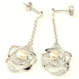 Pearl Earrings Flower CZ Diamonds Dangling Sterling Silver By Bucasi