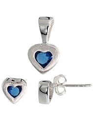 Sterling Silver Matte-finish Heart Earrings (7mm tall) & Pendant (13mm tall) Set, w/ Princess Cut Blue Sapphire-colored CZ Stones