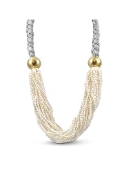 CleverEve Luxury Series Italian Style Anticoa Oversized Grey Braided Rope Statement Necklace w/ Multiple White Pearl Strands & Large Yellow Gold Plated Silver Beads