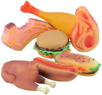 Jouets Pour Chien Three (3) Sturdy Vinyl Meat Squeaker Food-Shaped Chew/Fetch Dog Toys: Assorted Styles: Hamburger, Hot Dog, Whole Turkey, Turkey Leg, Sandwich, Pork Chop, and Ham