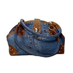 Large Blue Denim Purse with Genuine Leather made from Vintage, Used Denim