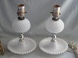 Set of 2 - Vintage Hobnail Milk Glass Electric Table Lamp Lights - 10 Inch (No Shades)
