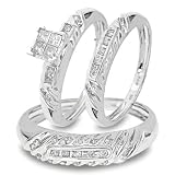 1/2 Carat T.W. Round Princess Cut Diamond Matching Ring Set 10K White Gold Three Ring - Ladies Engagement Ring, Wedding Band & Mens Wedding Band - Free Gift Box -