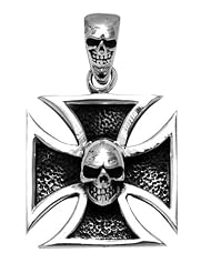 Sterling Silver Iron Cross Pendant with Skull