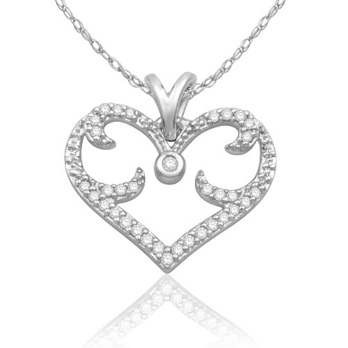 Choice of 10k White or Two-Tone Gold Antique Victorian Heart Diamond Pendant (0.12 cttw, G-H color, I2 Clarity), 18″