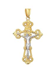 14K Yellow & White Gold 40X65mm (1.57"x2.56") White Figurine On Design Large Yellow Cross Pendant