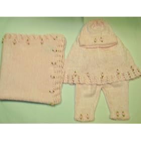 Pcp1bk, Knitted on Hand Knitting Machine Infant Girls Baby Pink Chenille Poncho Pant Hat Set Trimmed with Satin Rosebuds and Matching Blanket