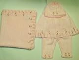 Pcp1bk, Knitted on Hand Knitting Machine Infant Girls Baby Pink Chenille Poncho Pant Hat Set Trimmed with Satin Rosebuds and Matching Blanket