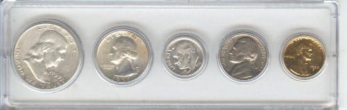1959 BIRTH YEAR COIN SET, 5 TOTAL COINS,-SILVER HALF DOLLAR, SILVER QUARTER, SILVER DIME, NICKEL AND CENT,- ALL DATED 1959 AND DISPLAYED IN PLASTIC HOLDER--NOTE--THESE COINS WILL BE AS GOOD OR BETTER THEN THE PICTURE- NOTHING LESS