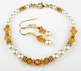 November Yellow Topaz Gold Filled Birthstone Swarovski Crystal Beaded Pearl Braceletss and Earrings Sets