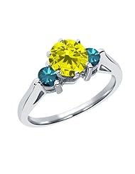 0.68 Ct Round Canary and Blue Diamond 18K White Gold 3-Stone Ring