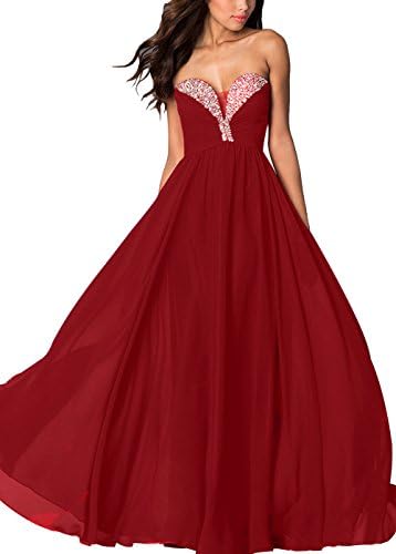 TiCheng Women's Rhinestone Sweetheart Party Dress Long Elegant Chiffon Dress Burgundy US8