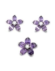 Sterling Silver Plumeria Nature Flower Pendant and Earrings Jewelry Set with Amethyst and Clear CZ