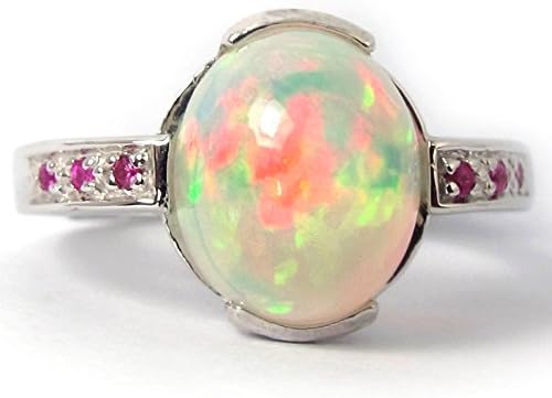 3.23 carats Natural Opal Oval Cabochon 12.9x9.85mm and Ruby, 925 Sterling Silver Ring Size 7