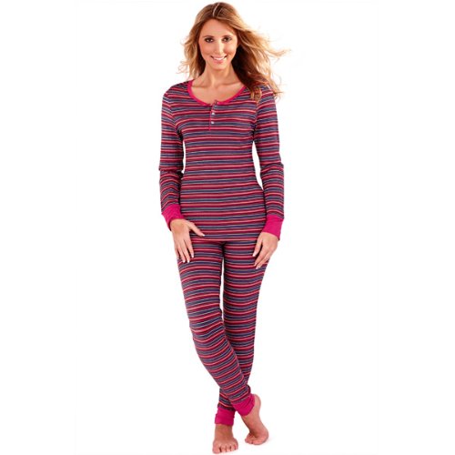Ladies long sleeve multi stripe top with matching long Janes with sour cherry waistband pyjamas set by Satsumauk (Medium (10-12))
