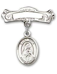 Sterling Silver Baby Badge with St. Rita of Cascia Charm and Arched Polished Badge Pin