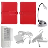GTMax Red Leather Case (style 1) + Clear LCD Screen Protector + White LED Clip-On Reading Book Light + White Home Travel Charger + White Rapid Car Charger with IC Chip for Amazon Kindle 3 (3G+WIFI)