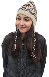 Handmade LIGHTWEIGHT Alpaca Natural Fiber Hat with Earflaps - Andean Sand with Traditional Design (Women/teens One Size Fits Most)