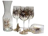 ArtisanStreet's Starburst Wine Glass & Carafe Set. Hand Painted 5-piece Set of Four Goblets and Carafe. Features Silver & Gold Starbursts. Made to Order. Signed by Artisan