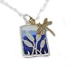 Handcrafted Kevin N Anna Blue Epoxy Wild Flowers and Gold Filled Dragon Fly 950 Platinum Rectangle Charm Necklace on 925 Sterling Silver Chain - Comes Gift Boxed